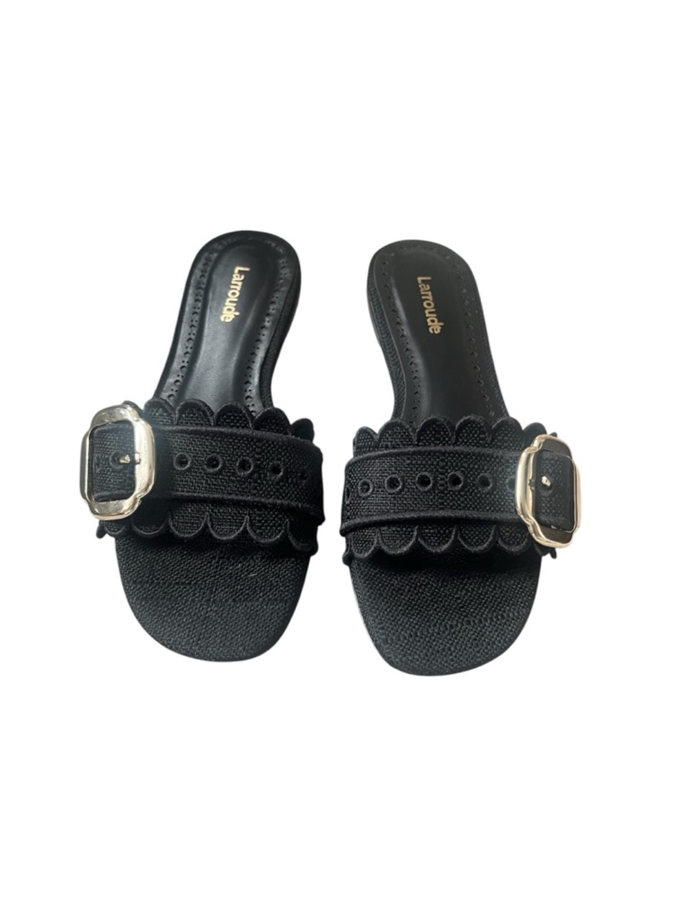 Larroude Women's Ivy Broderie Raffia Flat Slide Sandals Black Size 5